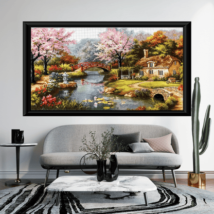 Large Cross Stitch | Chinese Garden Design | Elegant Wall Decor | Unique Gift for Nature Lovers | Perfect for Home Decor