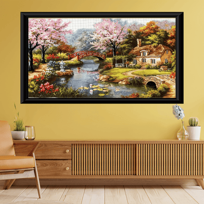 Large Cross Stitch | Chinese Garden Design | Elegant Wall Decor | Unique Gift for Nature Lovers | Perfect for Home Decor