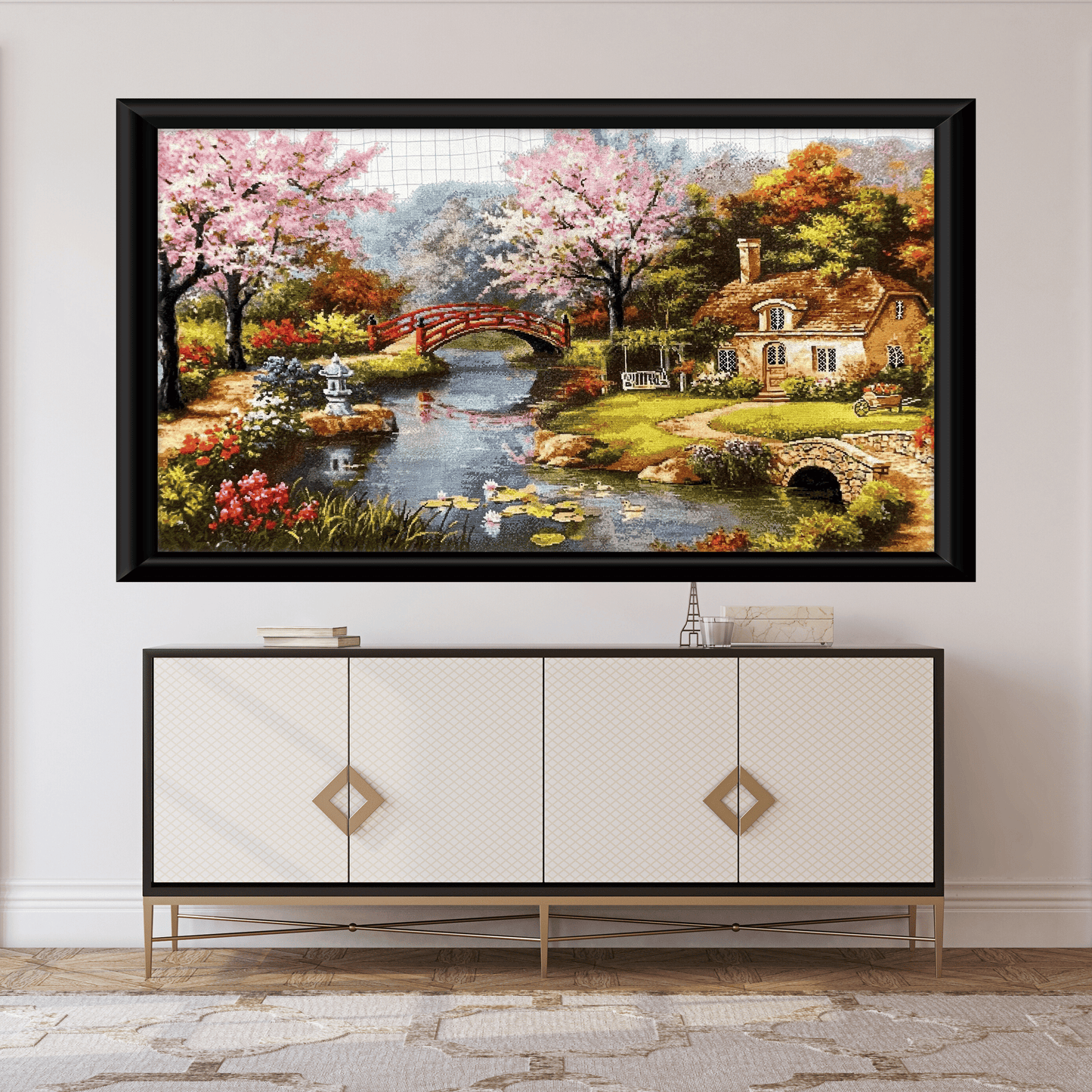 Large Cross Stitch | Chinese Garden Design | Elegant Wall Decor | Unique Gift for Nature Lovers | Perfect for Home Decor