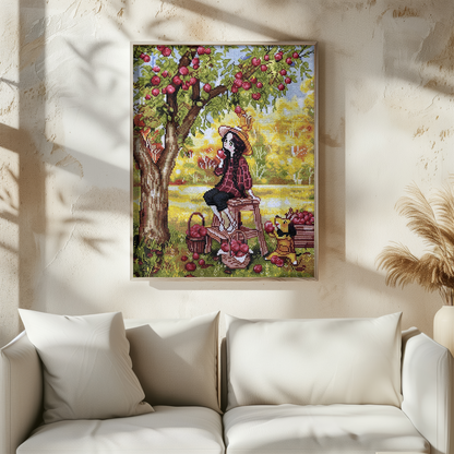 Finished Handmade Cross Stitch | Apple Picking Scene with Girl and Dog | Cozy Fall Embroidery Art | Rustic Farmhouse Home Decor Gift