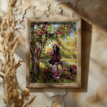 Finished Handmade Cross Stitch | Apple Picking Scene with Girl and Dog | Cozy Fall Embroidery Art | Rustic Farmhouse Home Decor Gift