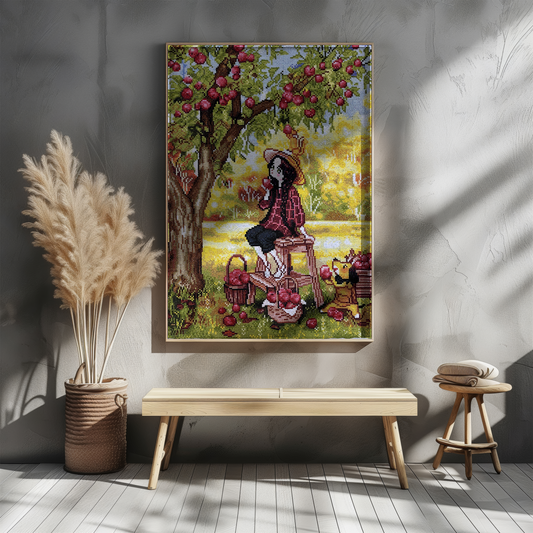 Finished Handmade Cross Stitch | Apple Picking Scene with Girl and Dog | Cozy Fall Embroidery Art | Rustic Farmhouse Home Decor Gift