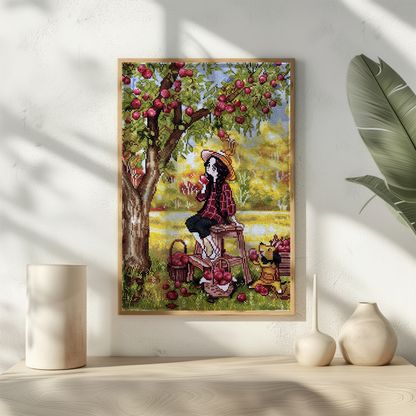 Finished Handmade Cross Stitch | Apple Picking Scene with Girl and Dog | Cozy Fall Embroidery Art | Rustic Farmhouse Home Decor Gift