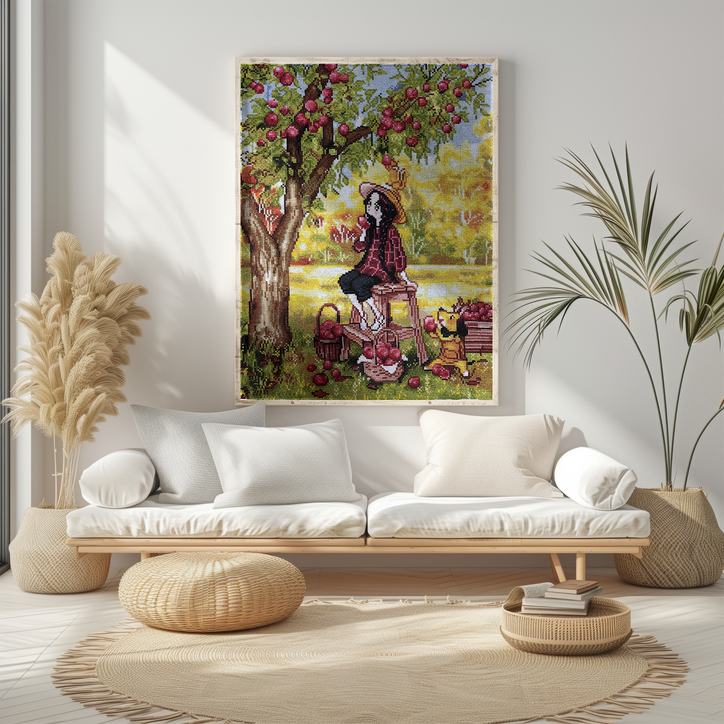 Finished Handmade Cross Stitch | Apple Picking Scene with Girl and Dog | Cozy Fall Embroidery Art | Rustic Farmhouse Home Decor Gift