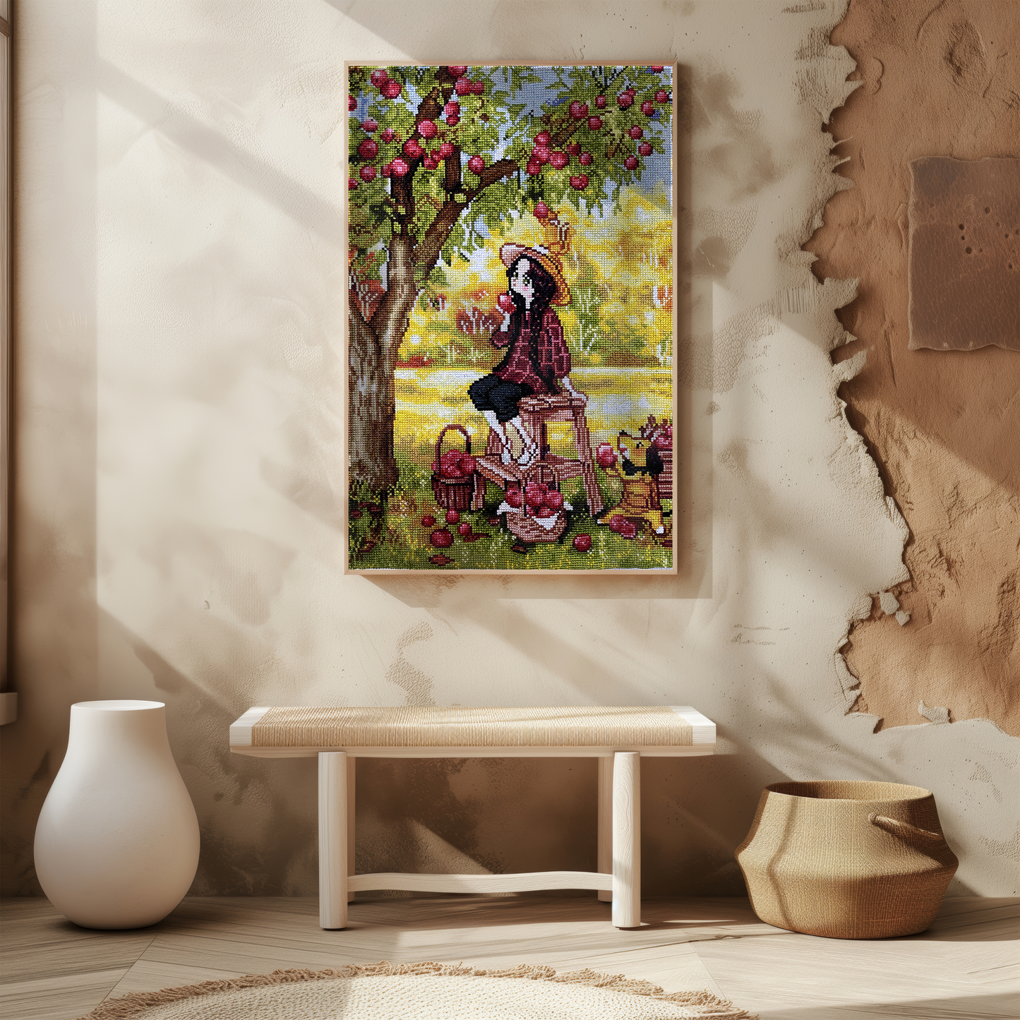 Finished Handmade Cross Stitch | Apple Picking Scene with Girl and Dog | Cozy Fall Embroidery Art | Rustic Farmhouse Home Decor Gift