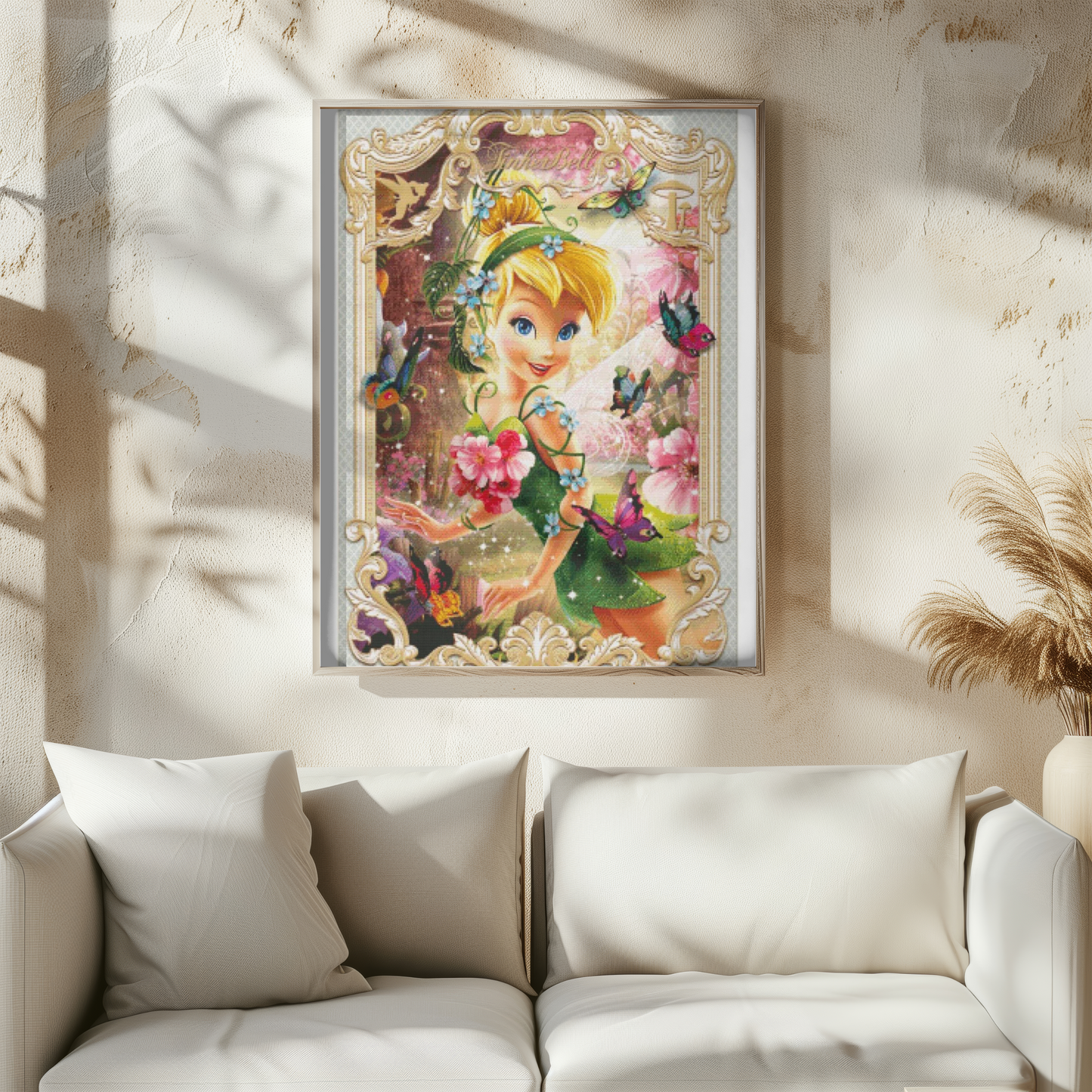 Handmade Cross Stitch Tinker Bell Art | Enchanted Fairy Design | Unique Wall Decor | Perfect Gift for Disney Fans & Fairy Tale Lovers