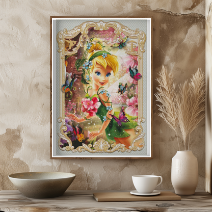 Handmade Cross Stitch Tinker Bell Art | Enchanted Fairy Design | Unique Wall Decor | Perfect Gift for Disney Fans & Fairy Tale Lovers