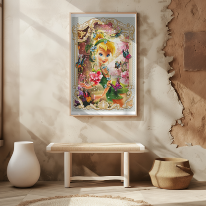 Handmade Cross Stitch Tinker Bell Art | Enchanted Fairy Design | Unique Wall Decor | Perfect Gift for Disney Fans & Fairy Tale Lovers