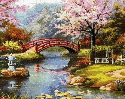 Large Cross Stitch | Chinese Garden Design | Elegant Wall Decor | Unique Gift for Nature Lovers | Perfect for Home Decor