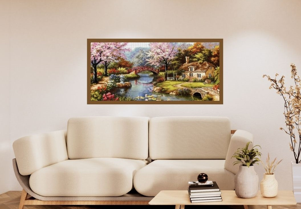 Large Cross Stitch | Chinese Garden Design | Elegant Wall Decor | Unique Gift for Nature Lovers | Perfect for Home Decor